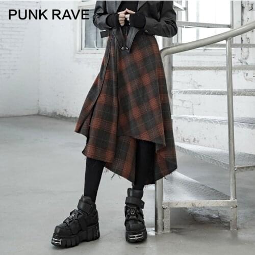 PUNK RAVE Girls Punk Style Irregular Red Plaid Mid-length Skirt Autumn Winter High Waist Asymmetry Women Skirt Streetwear