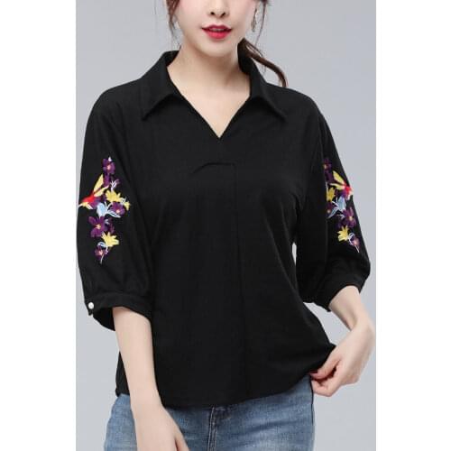 Womens Spring Summer Style Shirt Womens Solid Embroidery Half Sleeve Solid Color V-neck Casual OversizeTops SP647