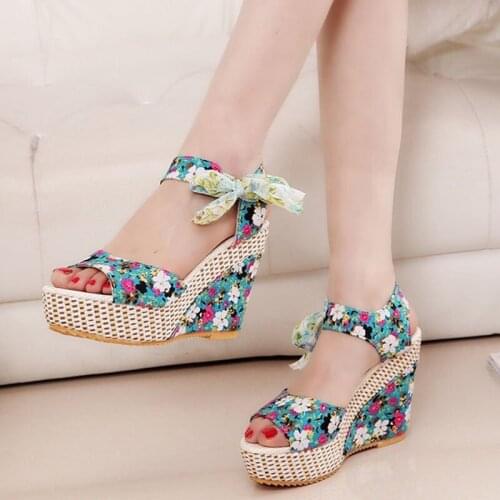 2020 New Ladies Platform Wedge Heel High Heel Fish Mouth Sandals Womens Platform With Platform Flower Ribbon Beach Shoes