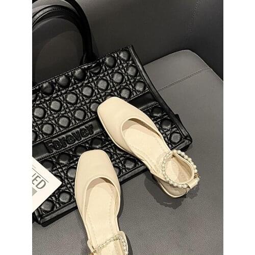 Mary Jane Fashion Flat Pure Color Pearl Ladies Sandals Summer Trend Elegant Casual Buckle Square Toe Shoes