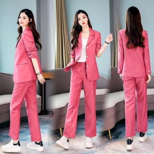 Popular new fashion simple elastic waist suit pants suit workplace womens temperament elegant work clothes rose red two-piece