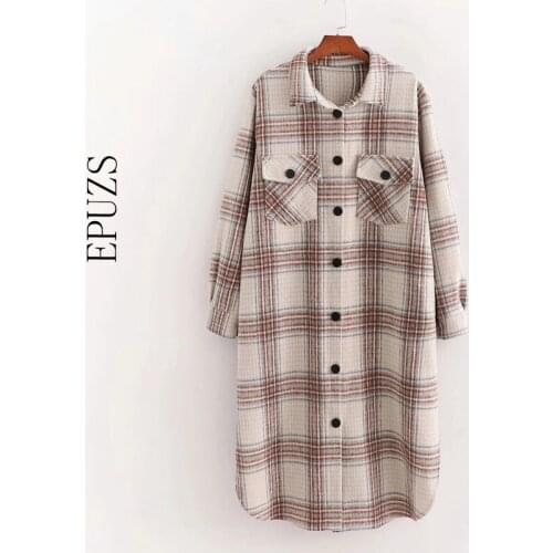 Women Winter long coat vintage loose plaid Woolen jacket women Overcoat casual long sleeve thick outwear 2021