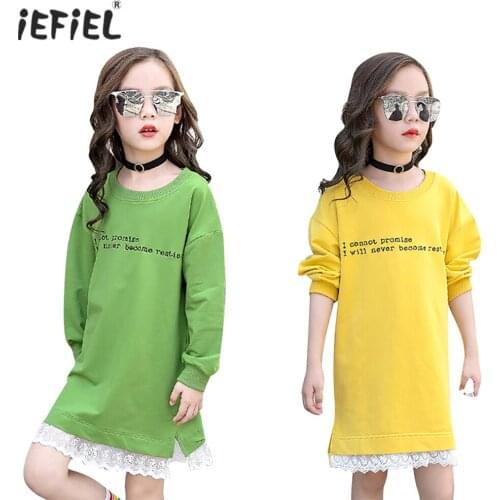Winter Spring Cartoon Letter Lace Sweatshirt Girl Fashion Long Hoodie Dress Pullover Costumes Children Casual T-shirt Dress