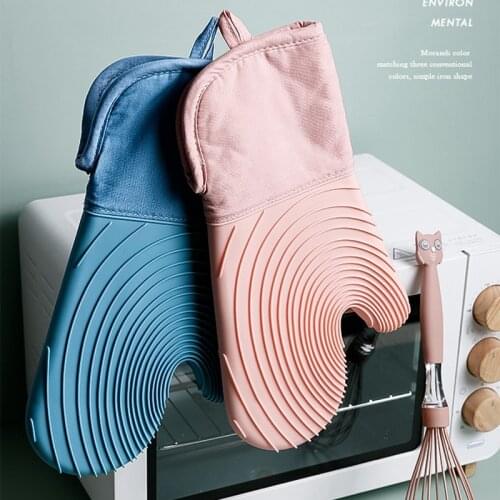1Pair Pink Kitchen Microwave Glove Household Non-slip Cotton BBQ Oven Baking Gloves Heat Resistant Kitchen Potholders Oven Mitts