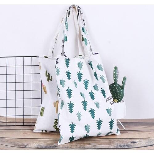 1PCS 30*42cm Cotton Linen Eco Shopping Tote Shoulder Bag Fashion Durable Cactus Tree Printed Shopping Bags