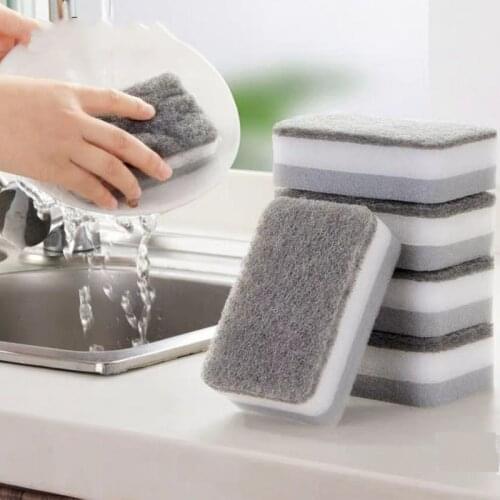5pcs/set Three-Layer Sponge Scouring Pad Double-side Sponge Scrub Dishwashing Pot To Wash Dishes Wipe Kitchen Housework Cleaning