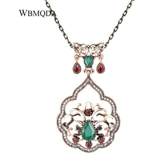 Bohemian Hollow Crystal Pendant Necklace Turkish Jewelry Vintage Antique Gold Big Necklace Women Accessories