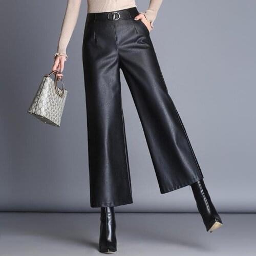 Plus Size 2020 High Waist Black PU Baggy Pants Women Korean Office Ladies Elegant Wide Leg Pants Faux Leather Womens Trousers