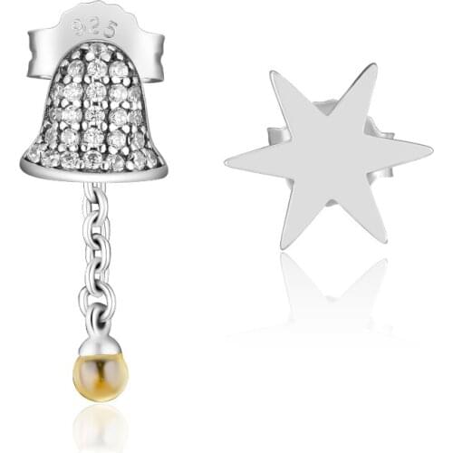 CKK Festive Bell & Star Stud Earring Genuine 925 Sterling Silver Crystal Earrings for Women Fashion Jewelry Pendientes
