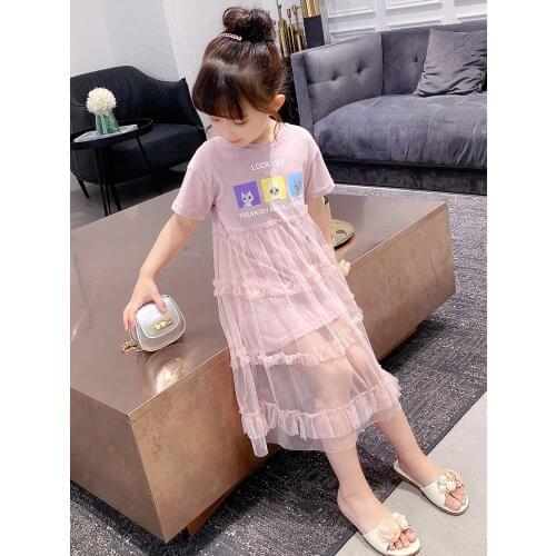 Smmer Big Girls Dress Princess Costume Kids Clothes Girls Short Sleeve Lace Print Mesh Dress Girls Party Dresses 4 6 8 10 12Yrs