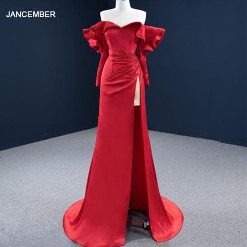 J67204 JANCEMBER High Split Red Beading Sequined Prom Dress 2020 Lace Up Back A-Line Long Seeve Sweetheart