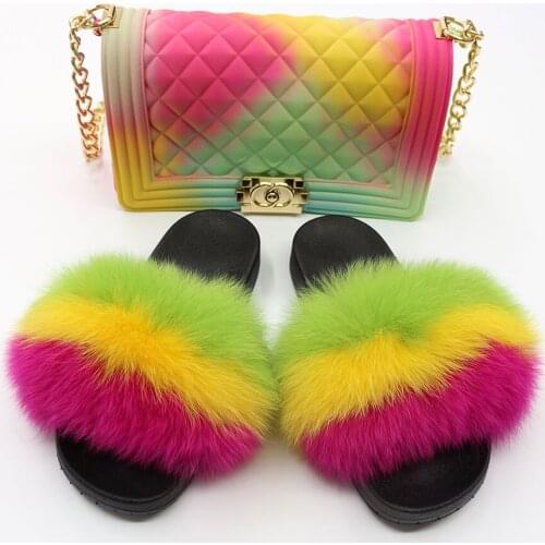 Janefur Jelly Purse and Real Fur Slides Sets Factory Direct Wholesale Luxury Design Iridescent Colorful Women Furry Slippers