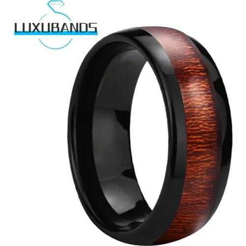 8MM Black Women Men Tungsten Carbide Rings Wood Inlay Wedding Engagement Domed Bands Polished Finished Comfort Fit