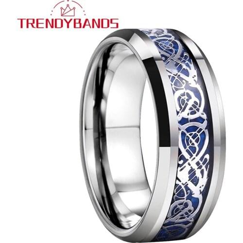 Tungsten Carbide RingS Dragon Blue Carbon Fiber Inlay Beveled Edges Mirror Polished Dragon Tungsten Ring as an Best Gift