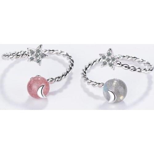 Fresh Strawberry Crystal Heart Opening Star Moonstone 925 Sterling Silver Personality Female Resizable Opening Rings SRI209