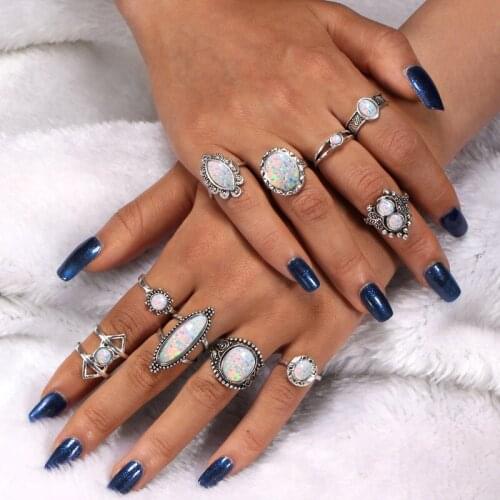 Hesiod 10pcs/Sets Opal Ring Sets Boho Jewelry Antique Silver Oval Pattern Finger Midi Ring For Ladies Beach Travel Accessories