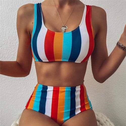 Summer Girls High Waist Striped Bikini Bandage Bikinis Set Swimwear Women Swimsuit Beachwear 2021 Monokini Bathing Suit E1713