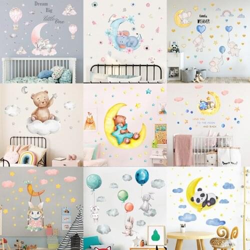 Cartoon Wall Sticker Baby Elephant Rabbit Bear Moon & Star Series PVC Wall Decals for Baby Nursery Kids Room Bedroom Home Decor