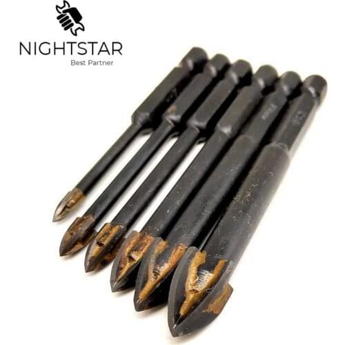 6Pcs Tungsten Steel Glass Drill Bit Set Alloy Carbide Point 4 Cutting Edges Tile Glass Cross Spear Head Drill Bits Black-Process
