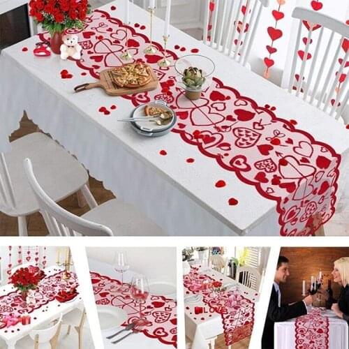 Love Table Runner Red Heart Print Decorations Red Lace Wedding Party Valentines Day Gift Home Table Cloth