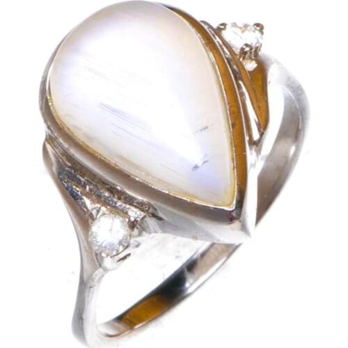 Natural Rainbow Moonstone And Zircon Handmade 925 Sterling Silver Ring 7.75 D1174