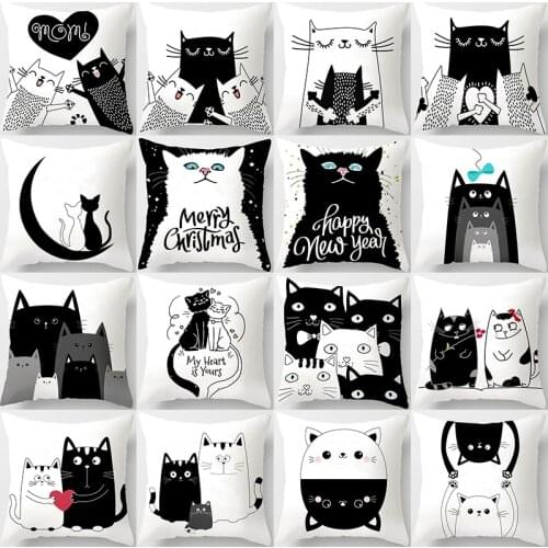 Black White Cat Sofa Decorative Cushion Cover Pillow Pillowcase Polyester Cartoon Throw Pillow Home Decor Pillowcover 40889