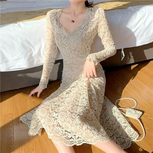 New Autumn Dress Women Long Sleeve Lace Dress Fish tail Dress Elegant Lady Long V-neck Party Dressess Vestidos Bottomings WZ1105
