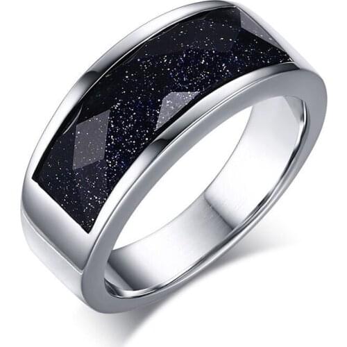 New Unique Titanium Stainless Steel Blue Gravel Rings for Man Silver-color Starry Sky Stone Rings