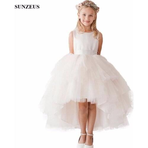 High Low Flower Girl Dress Short Front Long Back Wedding Party Gowns For Chidren Simple Satin Tulle Kids Dress FLG054