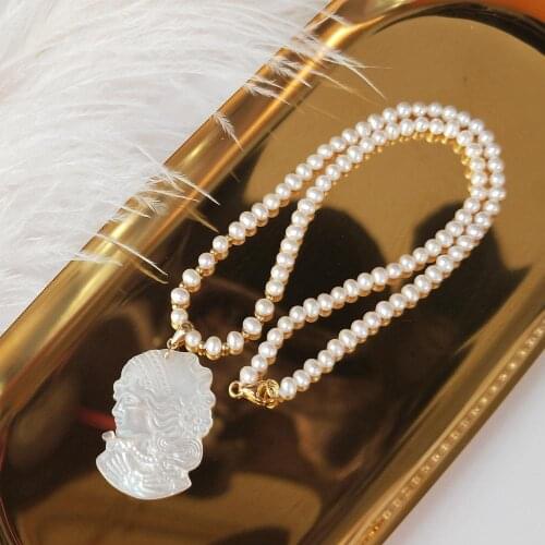 Lii Ji Freshwater Pearl Beauty Avatar Carving Shell Pendant 925 Sterling Silver Ins Style Gold Color Jewelry For Women Girls