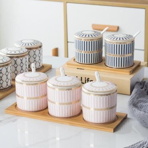 Striped Ceramic Seasoning Jar Spice Storage Box Salt Shaker Oil Bottle Cereal Dispenser Creative Kitchen Supplies Accessories