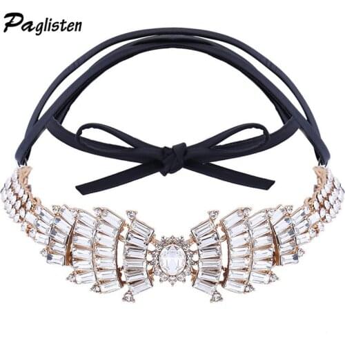 Luxury Full Crystal Wings Bow Feather Cortical Clavicle Necklace Individuality Geometry with Self-Tie Faux Leather Choker