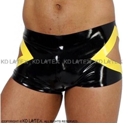 Black And Yellow Sexy Latex Boxer Shorts With Lozenge Open At Two Sides Rubber Briefs Underpants Underwear DK-0176