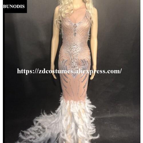 ZD212 Women Long White Feather Skirt Sleeveless Skin Color Yarn Sparkling Crystals Nightclub Party Stage Wear Bling Clothing