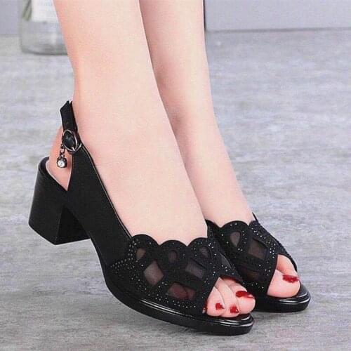 Womens Sandals Really Soft Leather Summer Mesh Fish Mouth Chunky Heel Semi-High Heeled Hollow out Soft Bottom Mom Shoes As223