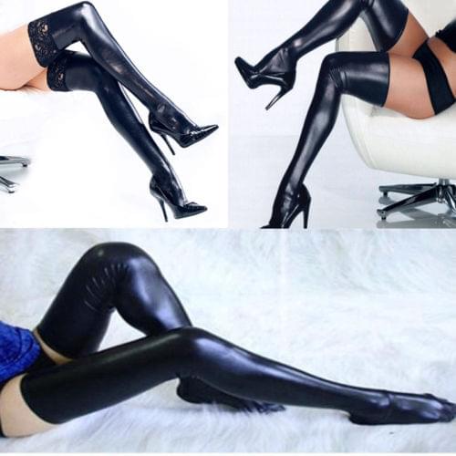Sexy Lingerie Stockings Women Sexy Lace Patchwork PU Leather Long Stocking Over Knee Thigh High Stockings