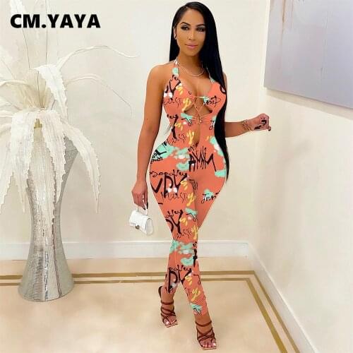 CM.YAYA Women Jumpsuit Print Sleeveless V-neck Stretchy Skinny Bodycon Jumpsuits Casual One Piece Overalls Summer Outfits 2021