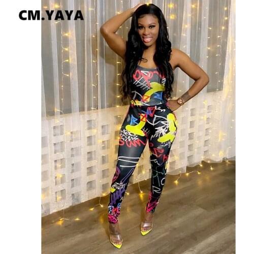 CM.YAYA Women Jumpsuit Print Sleeveless Strap O-neck Bandage Hollow Out Stretchy Pencil Jumpsuits Sexy Fashion Outfit Summer