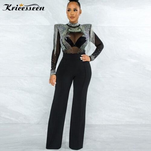 Kricesseen Sexy Black Mesh Patchwork Crystal Tassel Details Jumpsuit New Women Long Sleeve See Through Midnight Club Rompers