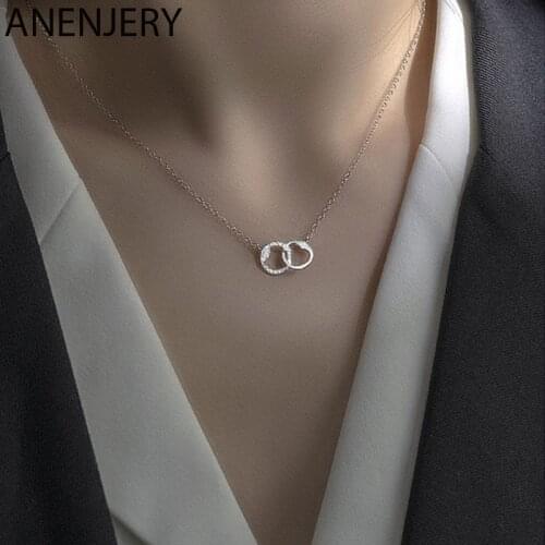 ANENJERY 925 Sterling Silver Double Hearts Pendant Necklace for Women Simple Exquisite Clavicle Chain Valentines Gift