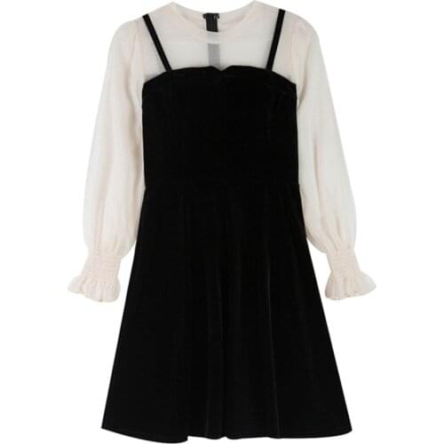 2020 New Vintage Style Sexy Casual Midi Velour Dress Women Lace Velvet Dress o-Neck Long Sleeve Lace Dress Vestidos