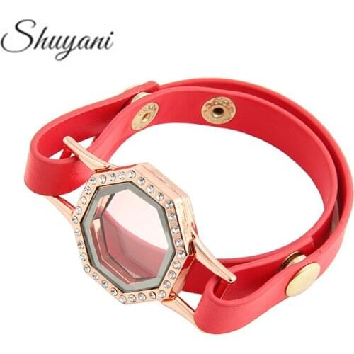 5pcs/lot 30mm Rhinestone Alloy Magnetic Glass Living Locket Bracelet Leather Wrap Locket Bracelet Men Women Leather Jewelry