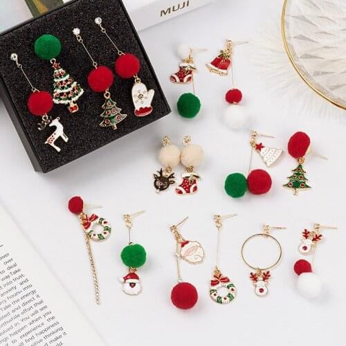 Asymmetrical Star Bear Irregular Plush Ball Drop Earrings For Women Christmas Fashion Cute Santa Clause Deer Earring Jewelry