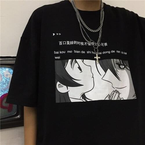 Black Loose Japanese T-Shirt Male Funny Harajuku Tee Streetwear Couple Fashion Hip Hop Half Sleeve Oversize Korean T Shirts Boys