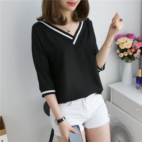 Summer T-shirt V-Neck Womens Half Sleeve Black / White Color Simple Heigh Quality Women Casual Office wear Tee Shirt NS4297