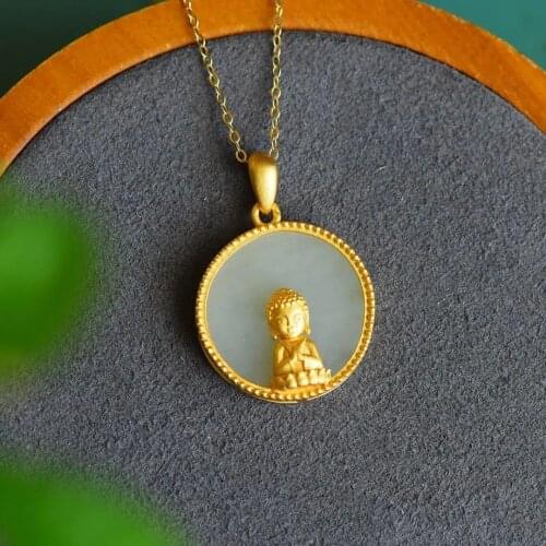 Natural Hetian white jade Round Pendant Necklace with Chinese style retro unique ancient gold craft CHARM Silver Jewelry
