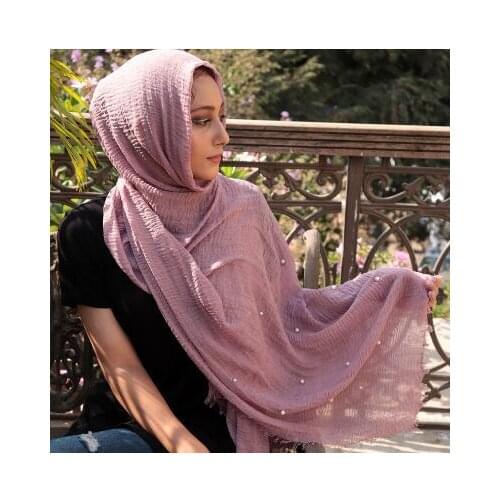 Plain Bubble Cotton Muslim Scarf Womens Hijab Headwrap Female Beaded Quality Headscarf Wrap Winter Soft Pleated Shawls 180x95cm