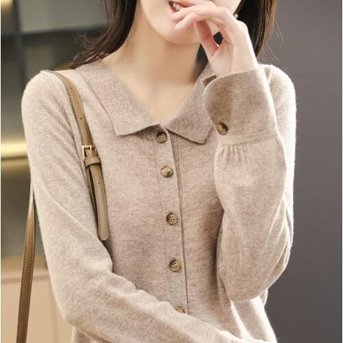 Cashmere Sweater womens knitted cardigan autumn winter new style 100% pure wool POLO collar cardigan womens slim coat sweater