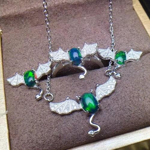 Natural black opal gem Punk aegis bat Ring Pendant Earrings Natural Gemstone Jewelry Set 925 Silver Women girl party jewelry