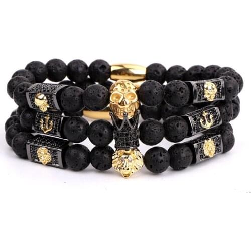 Fashion Men Beaded Bracelets CZ Pave Skull Crown Lion Charm Lava Rock Stone Elastic Bracelet Men Jewelry